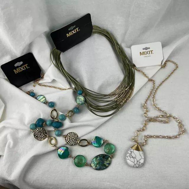 NWT Lot of 3 Mixit Necklaces Howlite Pendant Faux Turquoise Blue Green Abalone