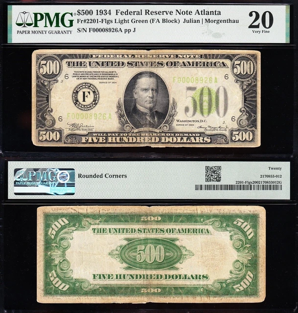 VERY NICE Bold VF 1934 "LIME GREEN SEAL" 4 digit $500 Atlanta FRN bill! PMG 20!