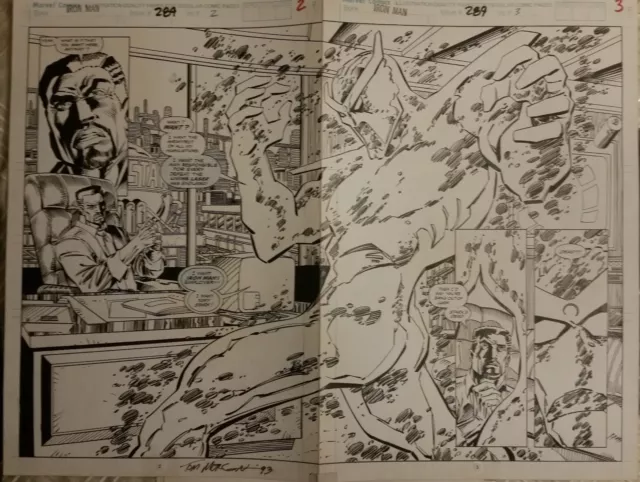 Original comic art: Iron man 289, 2 page spread splash signed by Tom Morgan, 93'