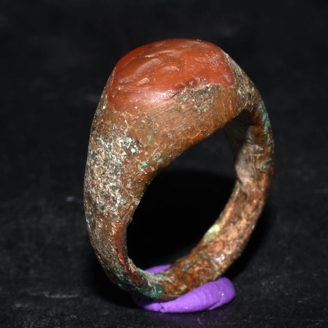 Ancient Roman Bronze Ring with Carnelian Intaglio Circa 2nd - 3rd Century AD