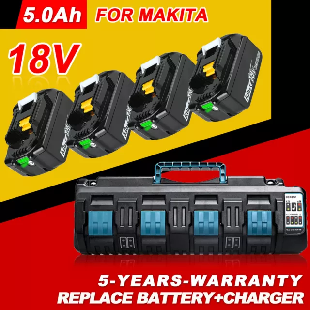 4X AKKU + 4 Fach Ladegerät DC18SF 14.4 -18V für Makita  BL1850B 18V 5.0Ah Li-ion