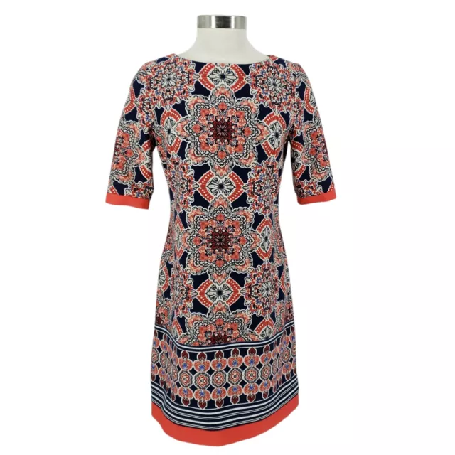 Eliza J Sheath Dress Navy Blue Floral Moroccan Print Short Sleeve Zip Womens 8
