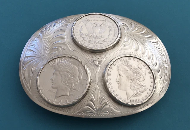 Rare Signed SSS Sterling Silver Three Morgan Peace USA Silver Dollar Belt Buckle