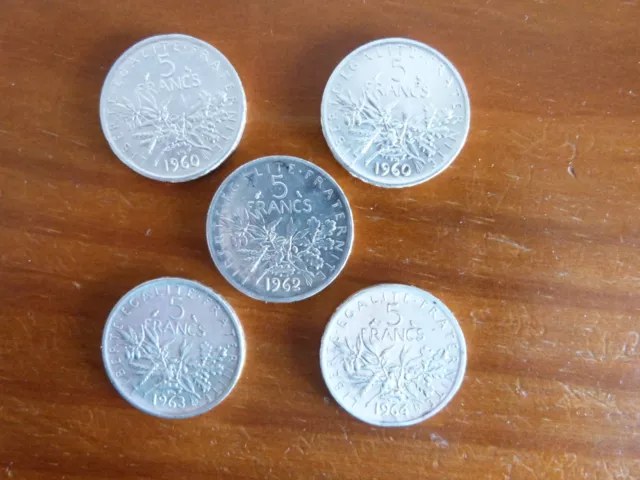 5 pièces argent 5fr semeuse (2x 1960 / 1x 1962 / 1x 1963 / 1x 1964)