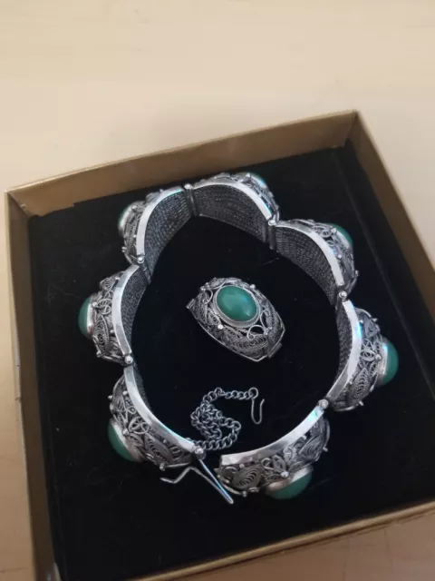 .925 Sterling Silver Chinese Export Bracelet Vntg Estate Jadeite/Jade?? Unworn