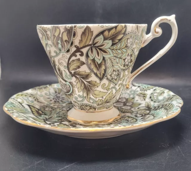 Vintage Royal Standard Teacup and Saucer Chintz Green Paisley Floral Gold