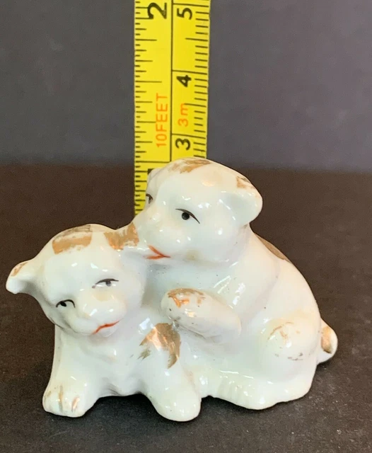 Vtg Double Puppy Dogs Nipping Ear Small White Gold Porcelain Figurine Japan 1"