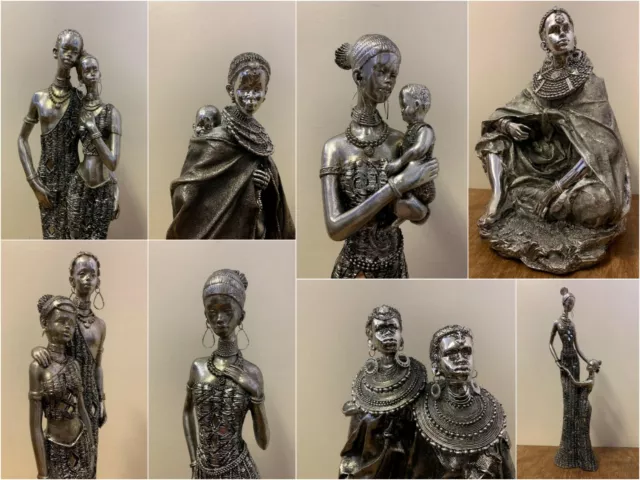 Silver Effect Masai African Lady Man Family Figurine Tribal Gift Ornament Statue