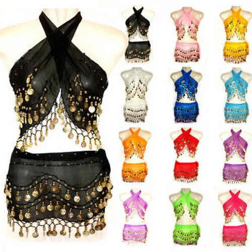 2-piece Sexy Belly Dancing Gold Coin Hip Scarf and Top Set Outfit Dancer Costume