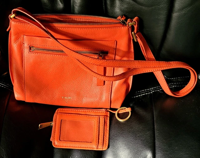 FOSSIL Leather Vickery Messenger Satchel & Change Purse 10" X 8"  Orange ZB 6465