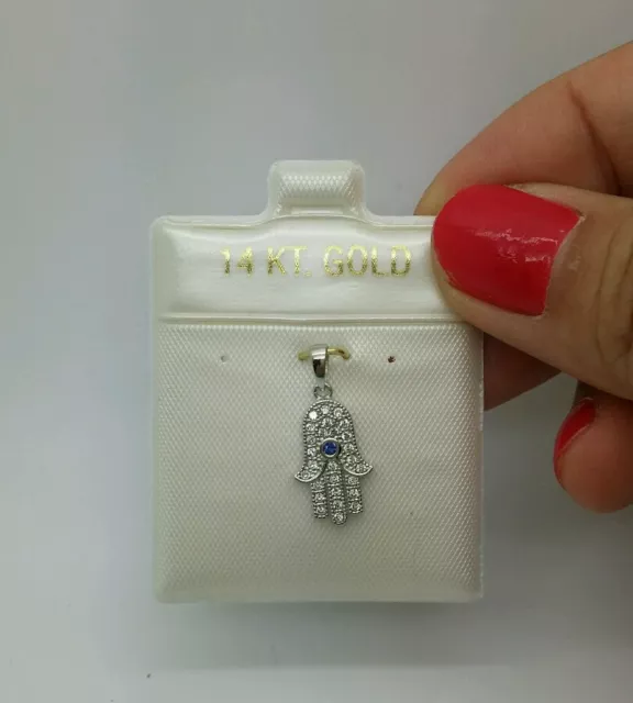 New 14K  Tiny Very Small  Cz Stone Hansam Hand White Gold Pendant Retail $89.99