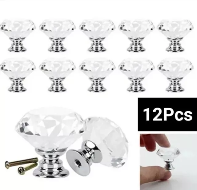 12Pcs Clear Diamond Crystal Glass Door Knobs Drawer Wardrobe Cabinet Handles UK