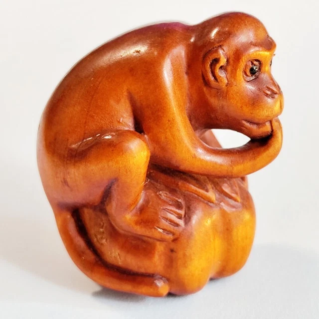Q4814 - 2 " Hand Carved Boxwood Netsuke F- Monkey with Pumpkin