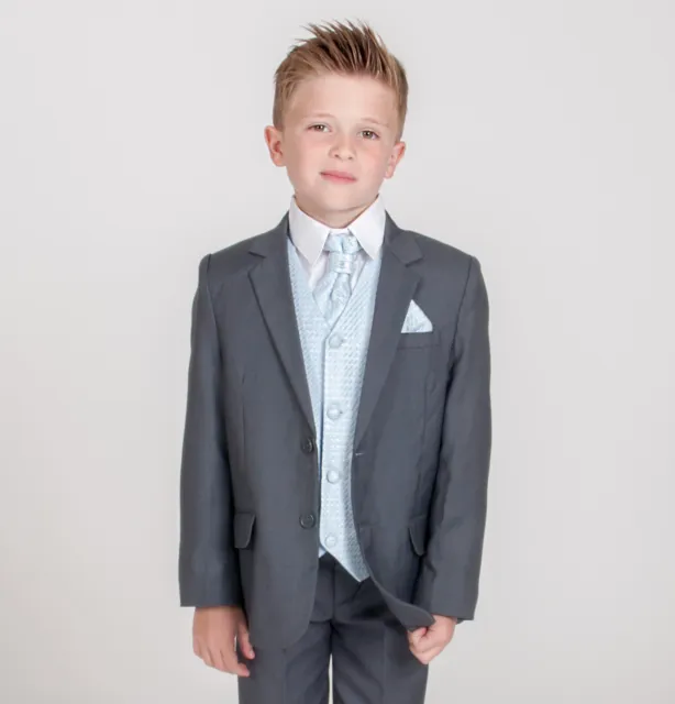 Boys Suits Boys Grey Blue Waistcoat Suit Wedding PageBoy Formal Party 5pc Suit