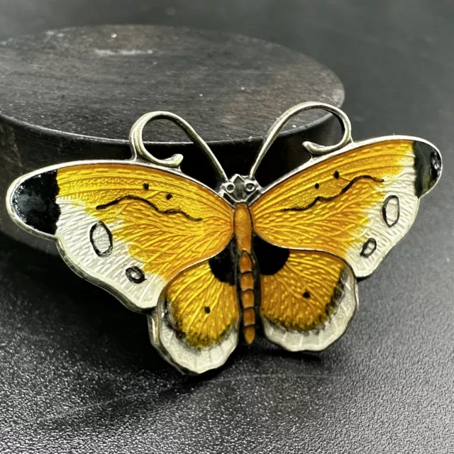 Hroar Prydz Norway Sterling Enamel Butterfly Brooch Yellow Guilloche Silver 925