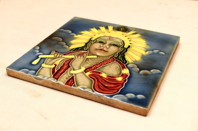 Antique Tile Art Nouveau Majolica Japan Lord Krishna Playing The Flute Porcelain 3