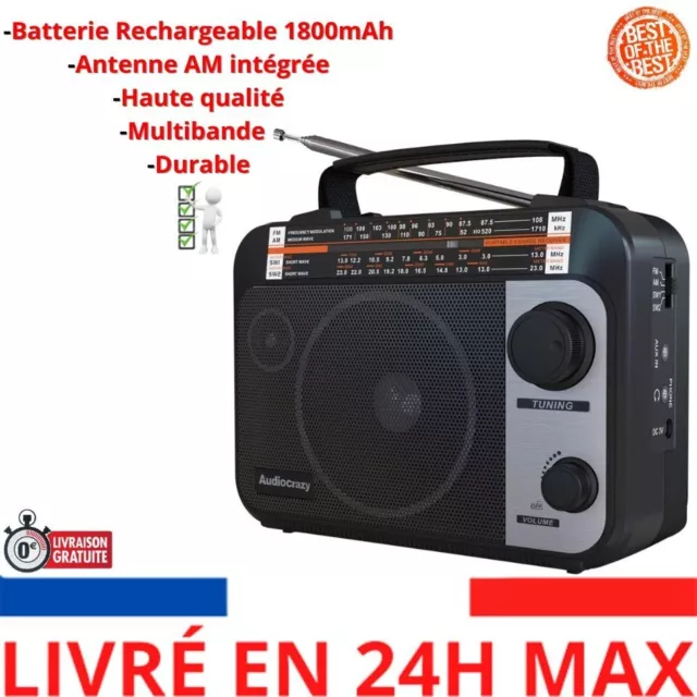 Audiocrazy Radio Portable FM/AM/SW1-2 Multibande Batterie Rechargeable 1800 mAh.