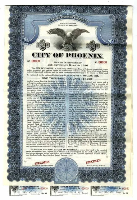 AZ. City of Phoenix, 1947 Specimen 3 to 2.25% Sewer Improvement Coupon Bond, VF