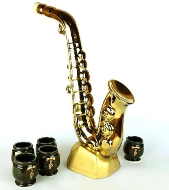Geschenk-Set Souvenir Keramik Saxophon Flasche mit Schnapsgläsern Stamper Stauf