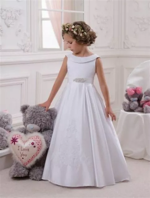 White Satin Communion Prom Princess Pageant Bridesmaid Wedding Flower Girl Dress