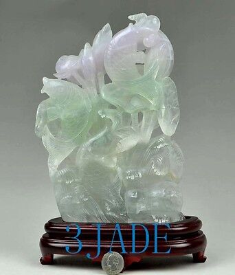 Natural Fluorite Crystal Lotus Flower & Koi Fish Statue Sculpture Carving