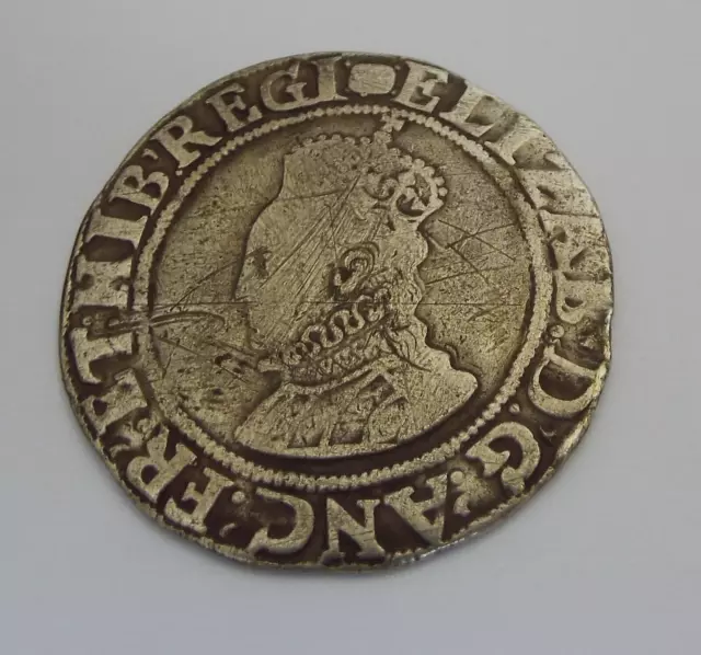 SUPERB LARGE ENGLISH ANTIQUE c.1594 ELIZABETH 1ST HAMMERED SILVER SHILLING COIN