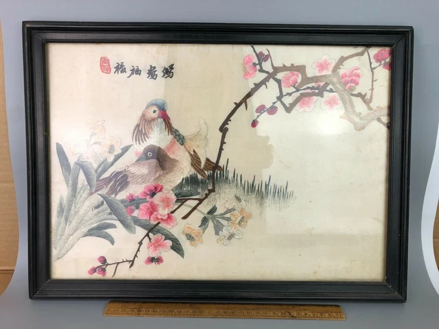 Vintage Asian Chinese Birds Silk Thread Embroidery on Silk Framed