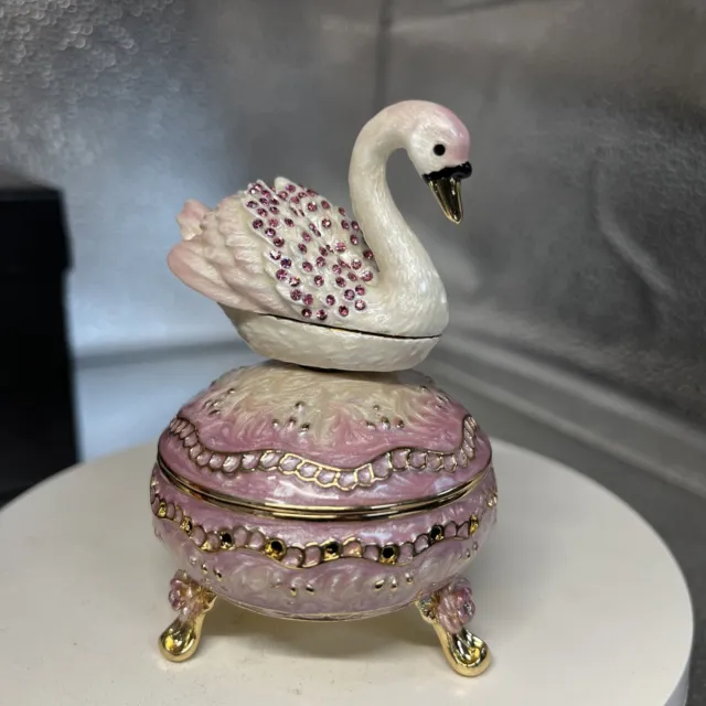 Wind Up Swan Faberge Music Trinket Box By Keren Kopal, Crystals, White & Pink