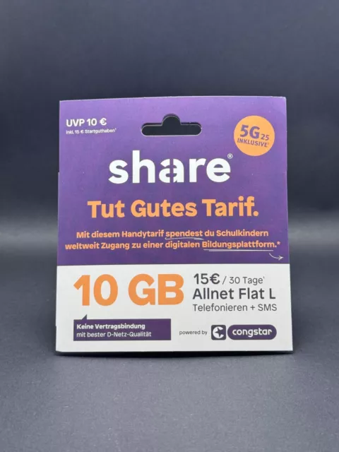 Congstar share Allnet Flat L 10GB inkl. 15€ Startguthaben Tut Gutes Tarif.