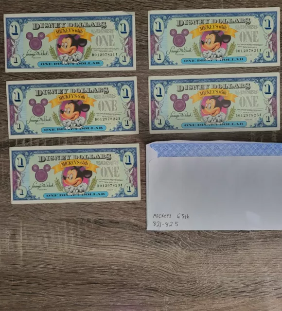 Five 1993 Disney Dollars UNC 821-825 Mickey Mouse 65th Uncirculated Five 1993 Disney Dollars UNC 821-825 Mickey Mouse 65th Uncirculated