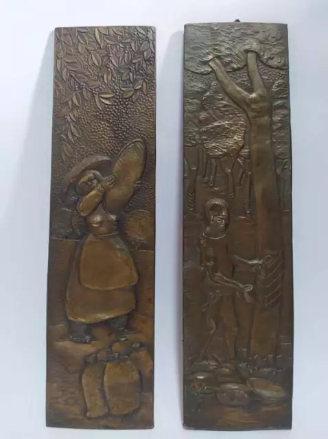 Rare Vintage Pair Of Brazilian Brass Hand Carved On Wood Hanging Wall Panels