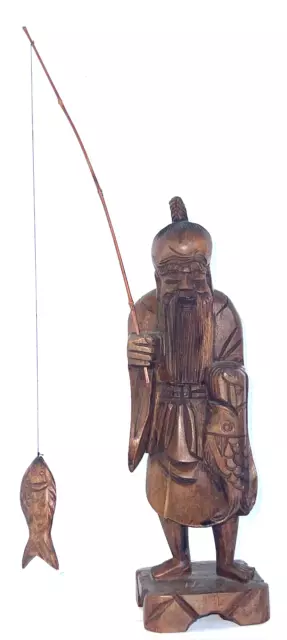 Chinese Hand Carved Fisherman 8" Asian Oriental Figure Statue Taiwan 60s Vintage