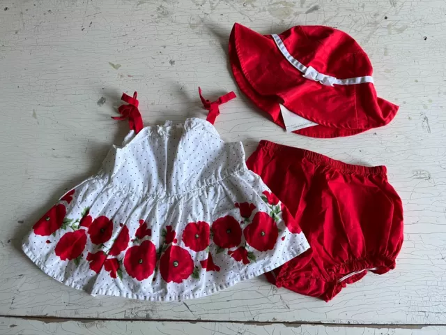 Baby Girl's JANIE & JACK Size 6-12 Months Red/White Floral Set + Hat