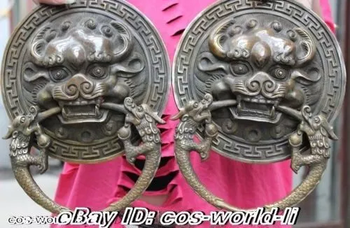 Folk China old Bronze Bronze Guardian Lion Head Statue Temple Door Knocker Pair