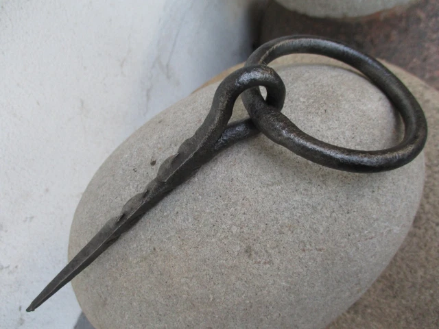Antique Wrought Iron Tethering Large Ring on Pin Game Hook Old Wall Hardware 2