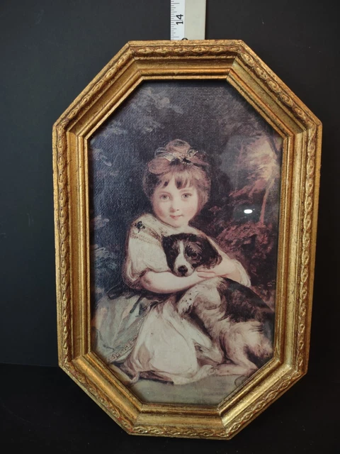 Vintage 13-1/2" x 8-1/2" Gold Color Carved Picture Frame Girl with Dog Italy
