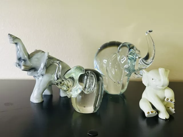 Lot Of 4 Elephant Figurine 2 Clear Glass*1 Lenox * 1 Marble/ Quartz Carved