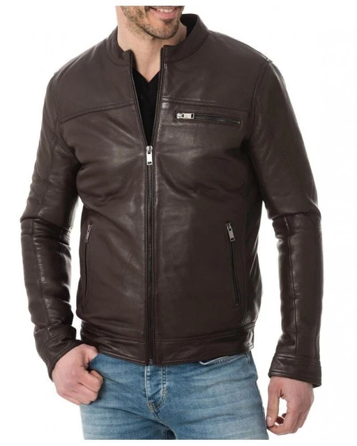 Jacket Leather Biker Motorcycle Mens Coat Vintage Bomber Lambskin Skin Brown 8