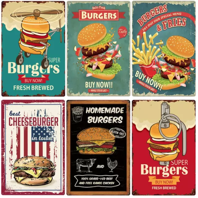 Hamburger Burger French Fries Metal Plates Sign Wall Decor Home Bar Pub Deco