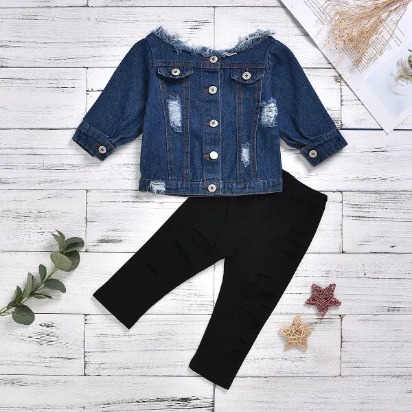 Completo Bimba bambina Maglia t shirt nero pantaloni lunghi jeans denim  B091