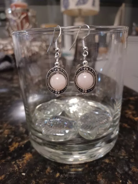 Lovely Rose Quartz Ornate Earrings. Sterling Silver Hooks.