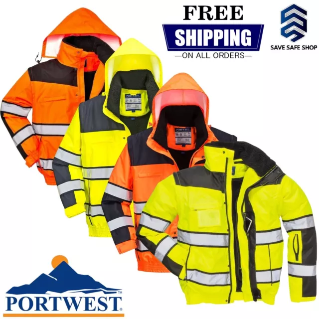 Portwest 3-in-1 Hi Vis Premium Bomber Jacket | Waterproof Hooded Workwear C466