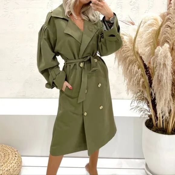 NWT olive-green trench coat S L overcoat lightweight oversizeddoublebreast long