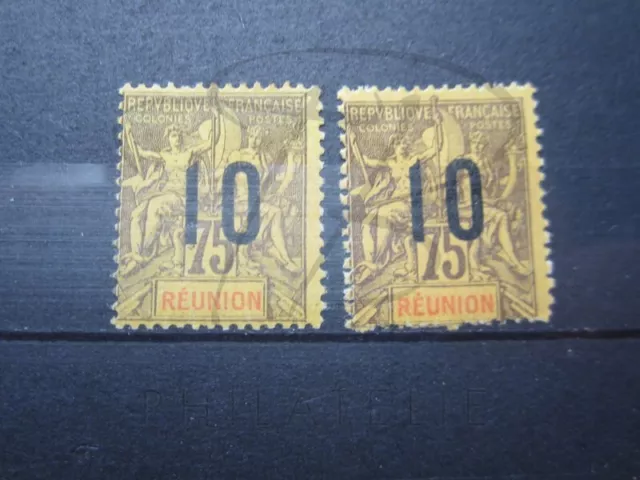 Beaux Timbres De La Reunion N° 79 X 2 - Violet Noir Sur Jaune Et Sur Orange