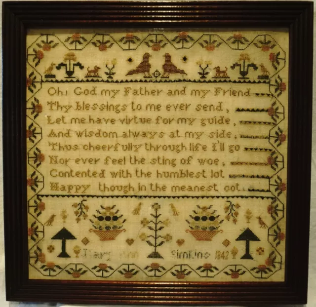 Early/Mid 19Th Century Verse & Motif Sampler By Mary Ann Simkins - 1842