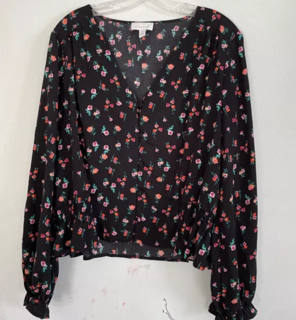 Topshop Womens Black Floral Long Sleeve Button Blouse, Size US 14