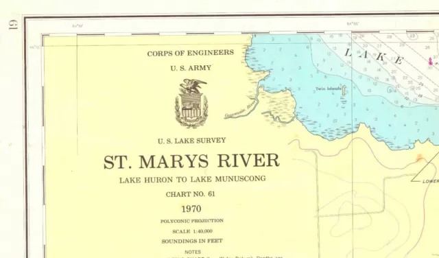 Vintage Nautical Chart # 61 St. Marys River 1970 Corps of Engineers Lake Huron