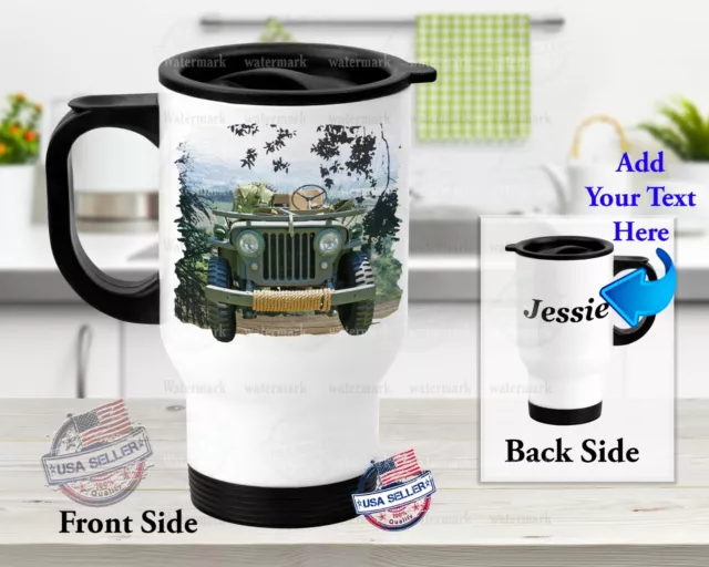 Personalized Stainless Steel Tumbler 14oz Travel Mug Rusty Old Army Jeep Design