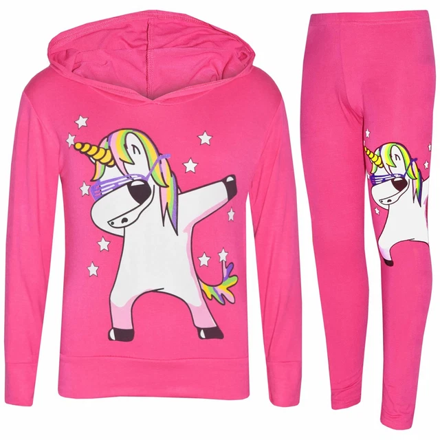 Kids Girls Rainbow Unicorn Dab Floss Pink Hooded Top Legging Set Tracksuit 7-13Y