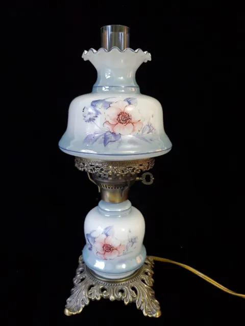 Milk Glass Painted Flowers Hurricane Parlor Brass Table Lamp Vintage GWTW Style